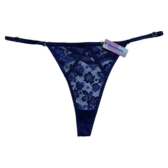 Heaven Panty Large L Lace G-String Thong in Blue, Adjustable, Rose Gold Hardware - Picture 3 of 6
